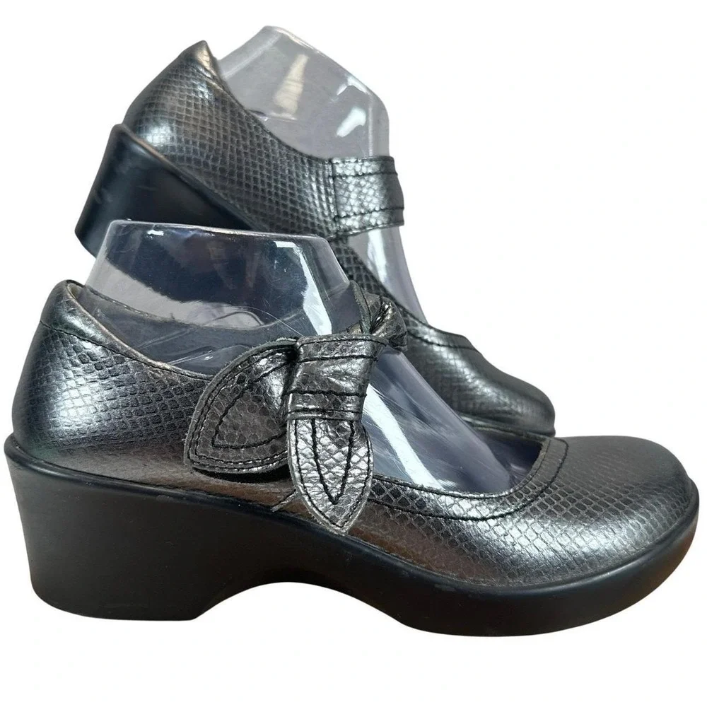 Alegria PG Lite Mary Jane Wedge Heels Pewter Snake Metallic Bow Strap ELL-703 38